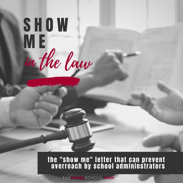 image of gavel with man's hand pointing to a passage in a book and text Show Me in the Law - the show me letter that can prevent overreach by school administrators