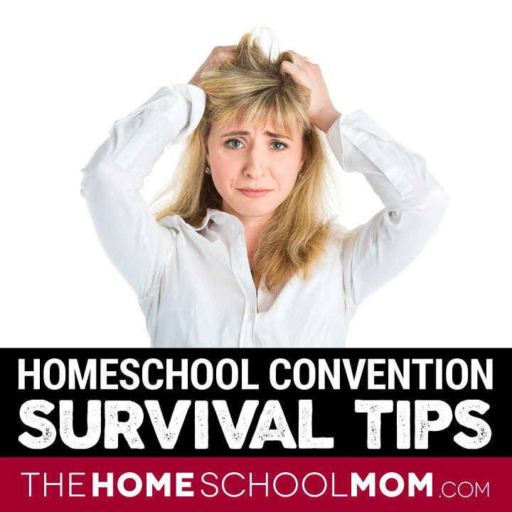 Frustrated woman looking at camera with text Homeschool Convention Survival Tips - TheHomeSchoolMom.com