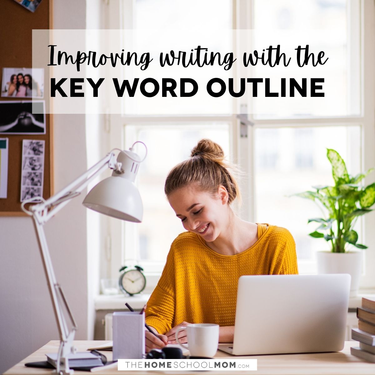 Key Word Outline: The little tool with a big impact Smiling teen girl writing with text Improving writing with the Key Word Outline.