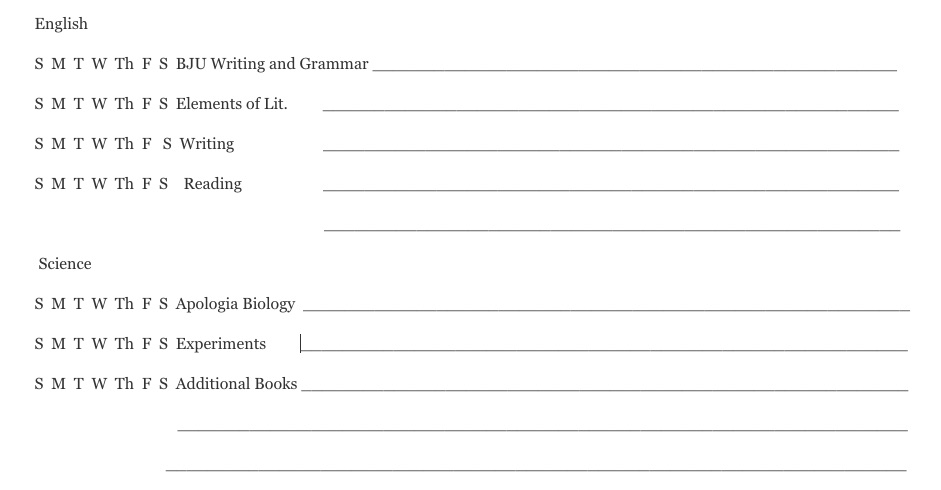 screenshot of a weekly homeschooling schedule.