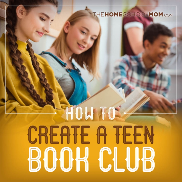 Two teen girls reading and smiling with text How to Create a Teen Book Club TheHomeSchoolMom.com