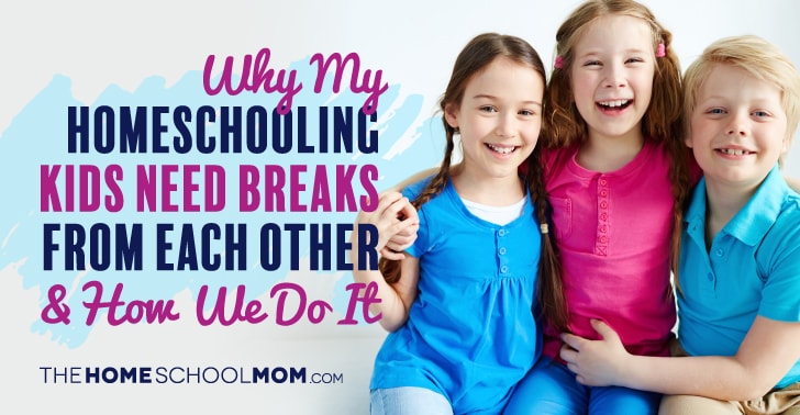 Three smiling children hugging each other and facing the camera with text Why my homeschooling kids need breaks from each other & how we do it