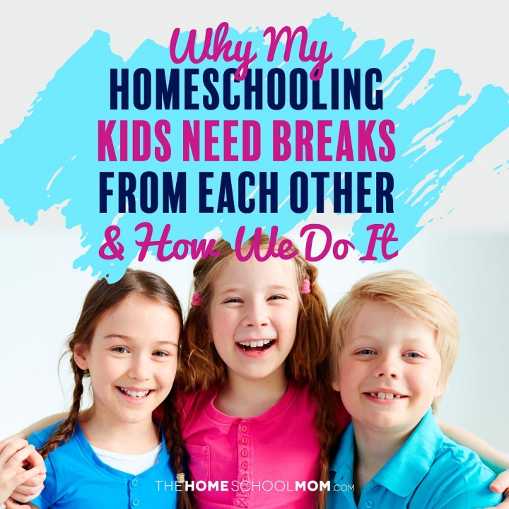 Three smiling children hugging each other and facing the camera with text Why my homeschooling kids need breaks from each other & how we do it