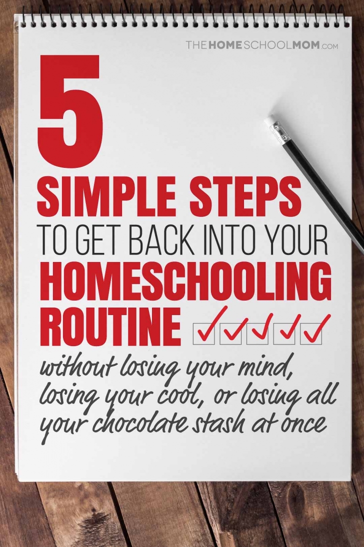 Overhead view of a spiral notebook with text 5 Simple Steps to Get Back to Your Homeschooling Routine without losing your mind, losing your cool, or losing your chocolate stash all at once