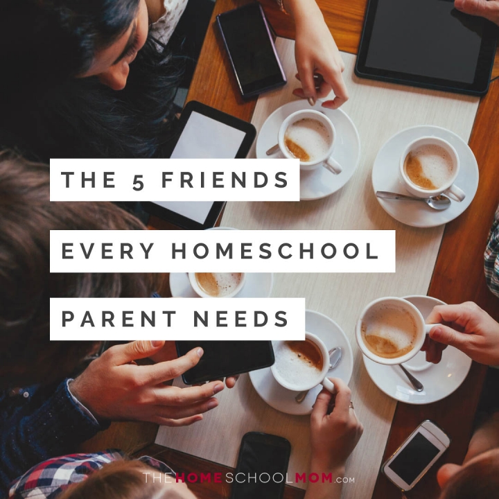 Overhead view of table at a cafe with people holding phones and coffee cups and text The 5 Friends Every Homeschool Parent Needs