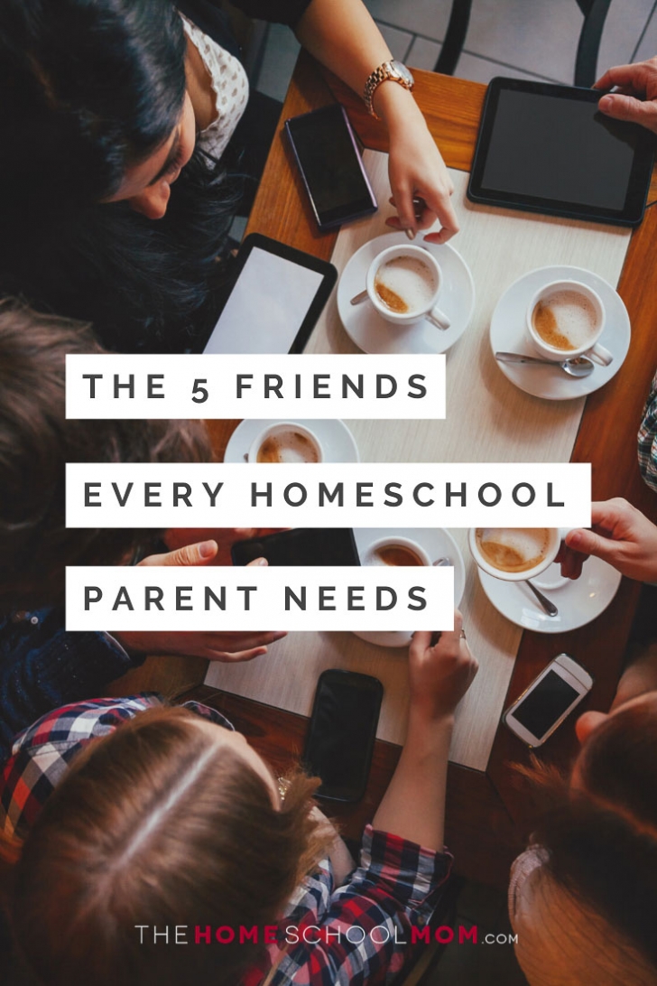 Overhead view of table at a cafe with people holding phones and coffee cups and text The 5 Friends Every Homeschool Parent Needs - TheHomeSchoolMom.com