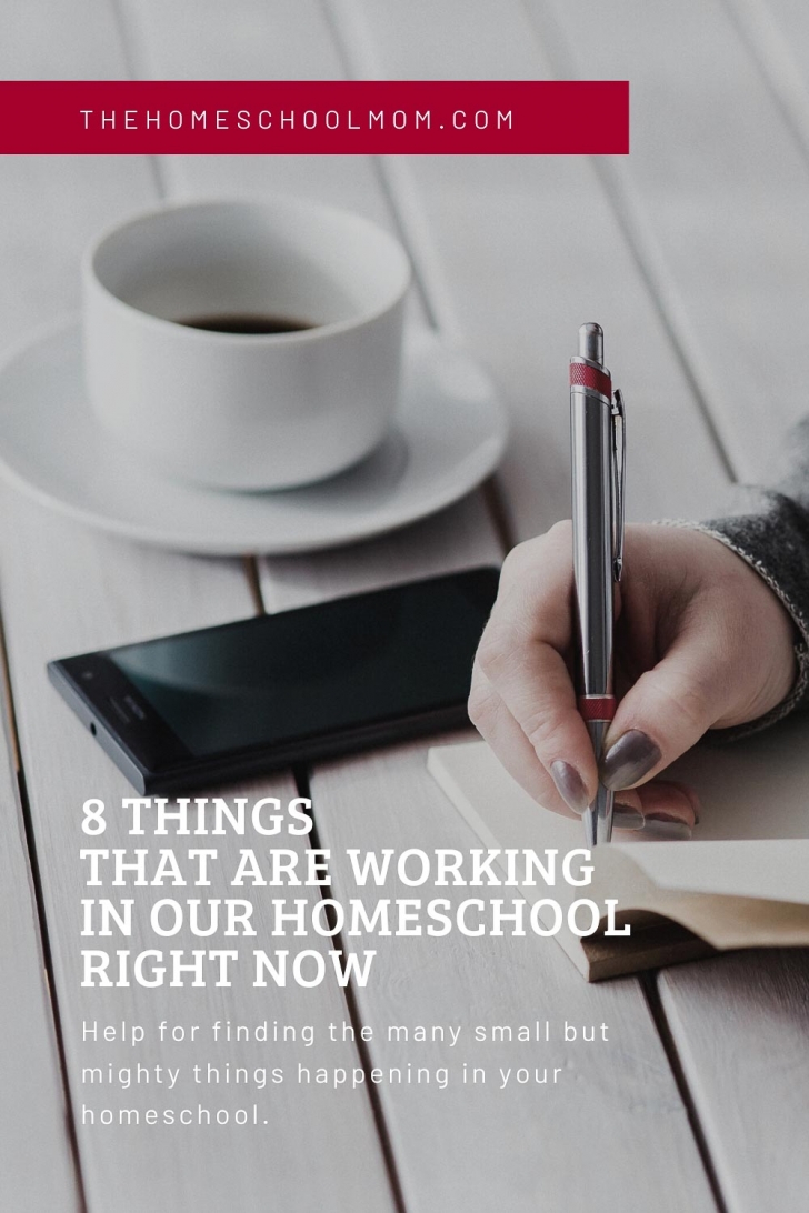 Image of coffee cup and phone on picnic table and hand writing in journal with text 8 things that are working in our homeschool right now; Help for finding the many small but mighty things happening in your homeschool - TheHomeSchoolMom.com