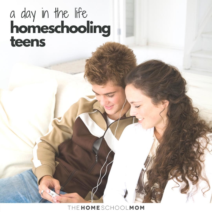 Image of two teens listeing to music in headphones with text A Day in the Life Homeschooling Teens - TheHomeSchoolMom