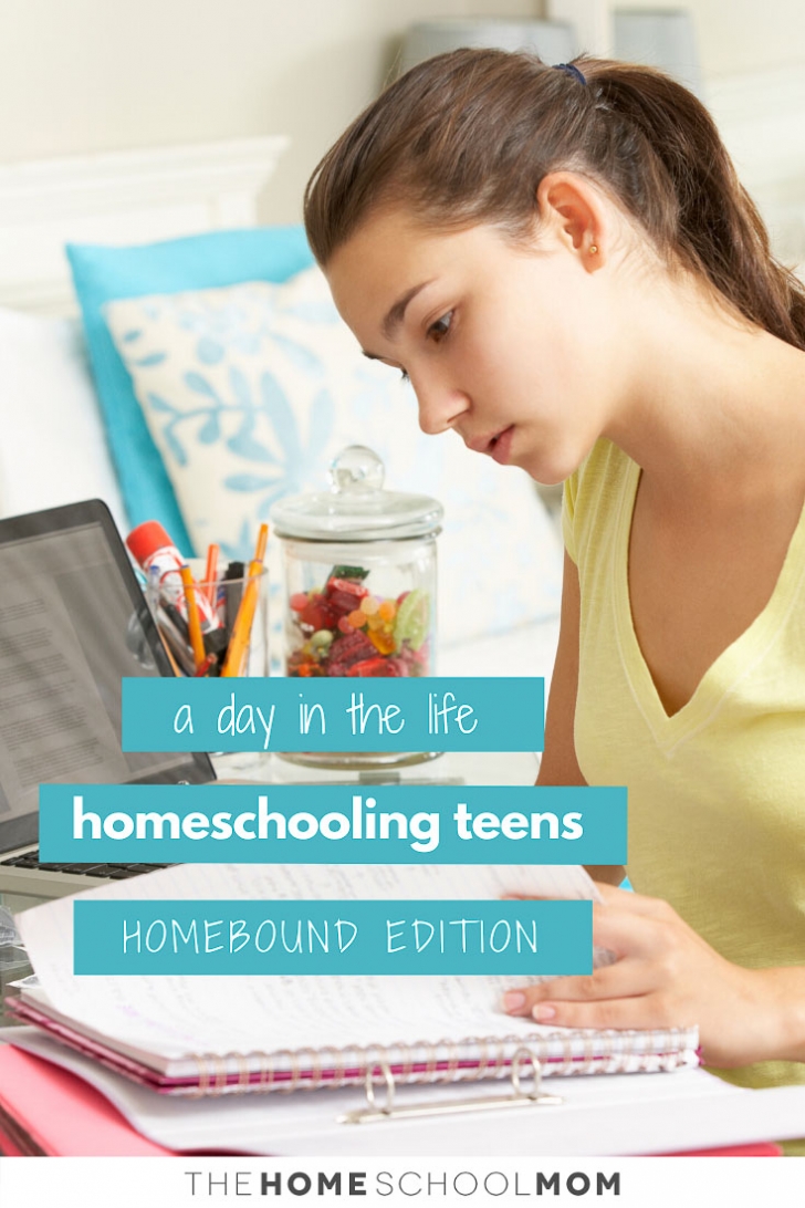 Teenage girl inside studying with text A Day in the Life Homeschooling Teens - Homebound Edition - TheHomeSchoolMom