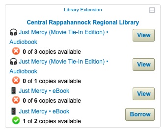 screenshot of Library Extension add-on results for a book title