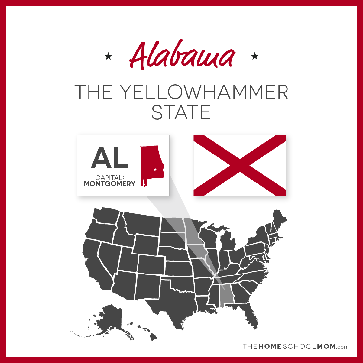 Map of US with Alabama highlighted and text Alabama - The Yellowhammer State; capital - Montgomery