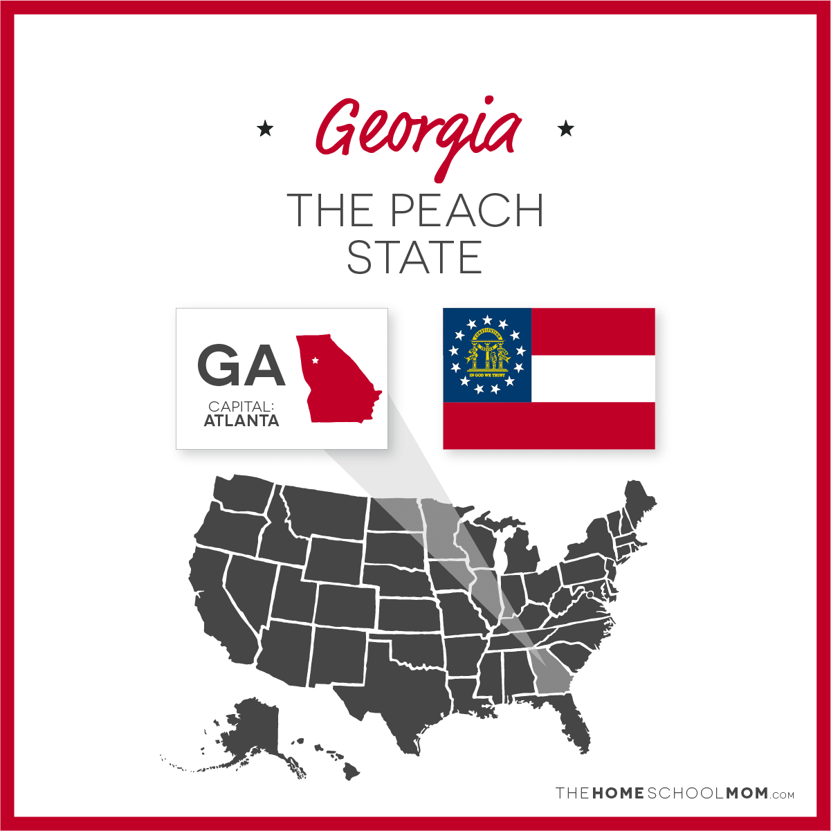 Map of US with Georgia highlighted and text Georgia - The Peach State; capital – Atlanta