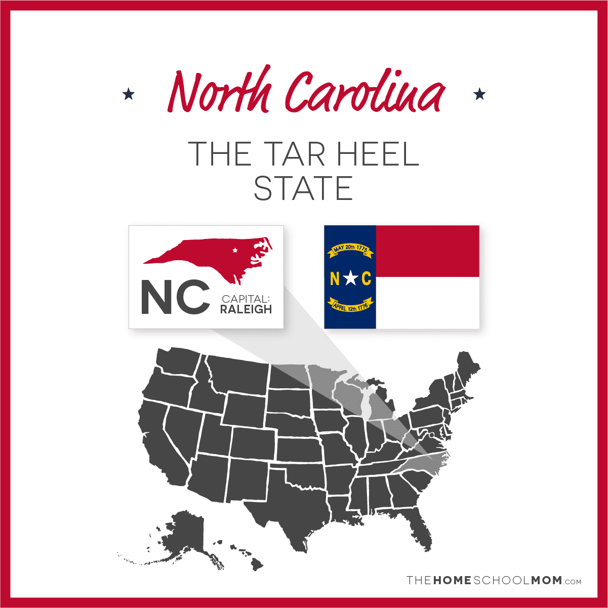 Map of US with North Carolina highlighted and text North Carolina – The Tar Heel State; capital – Raleigh