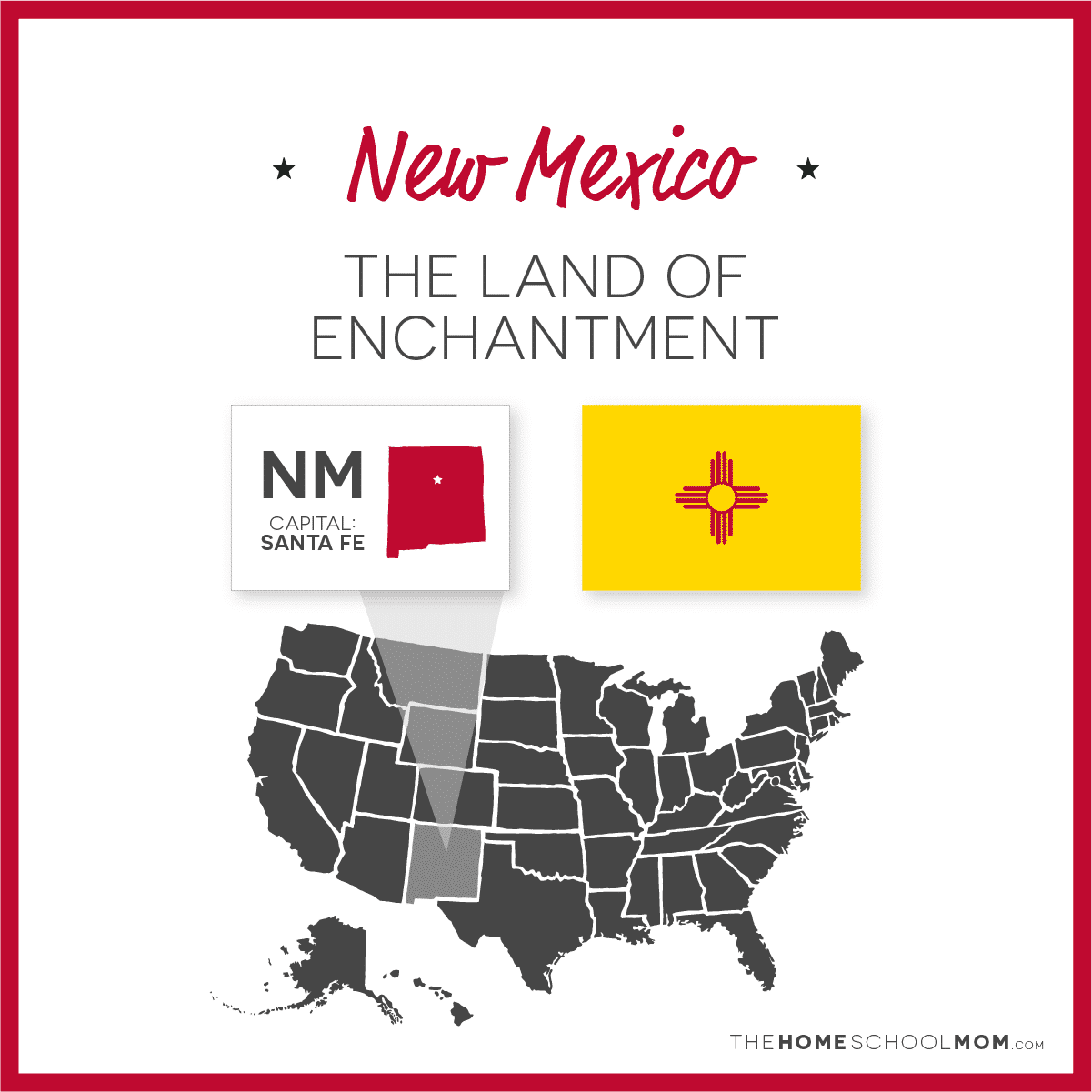 Map of US with New Mexico highlighted and text New Mexico - The Land of Enchantment; capital – Santa Fe