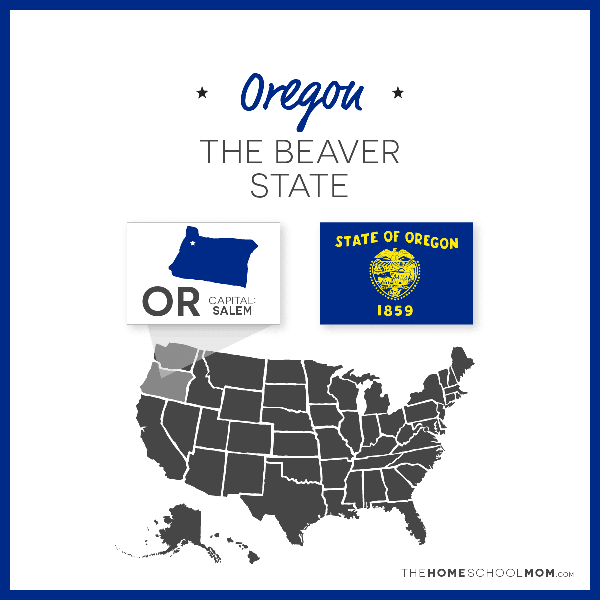 Map of US with Oregon highlighted and text Oregon – The Beaver State; capital – Salem