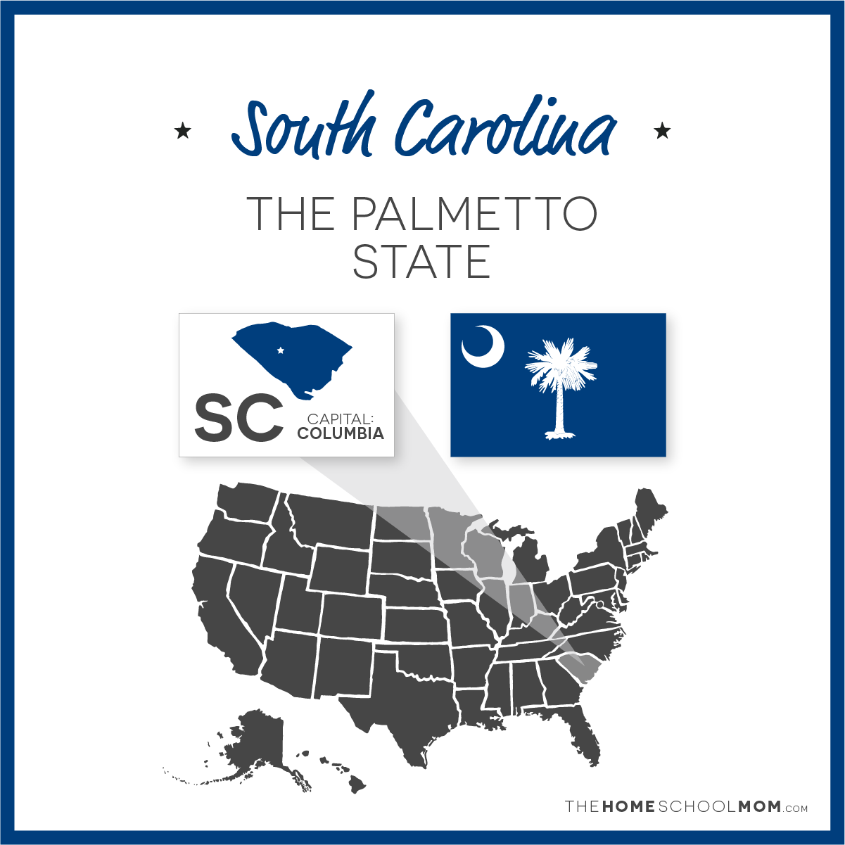 Map of US with South Carolina highlighted and text South Carolina – The Palmetto State; capital – Columbia