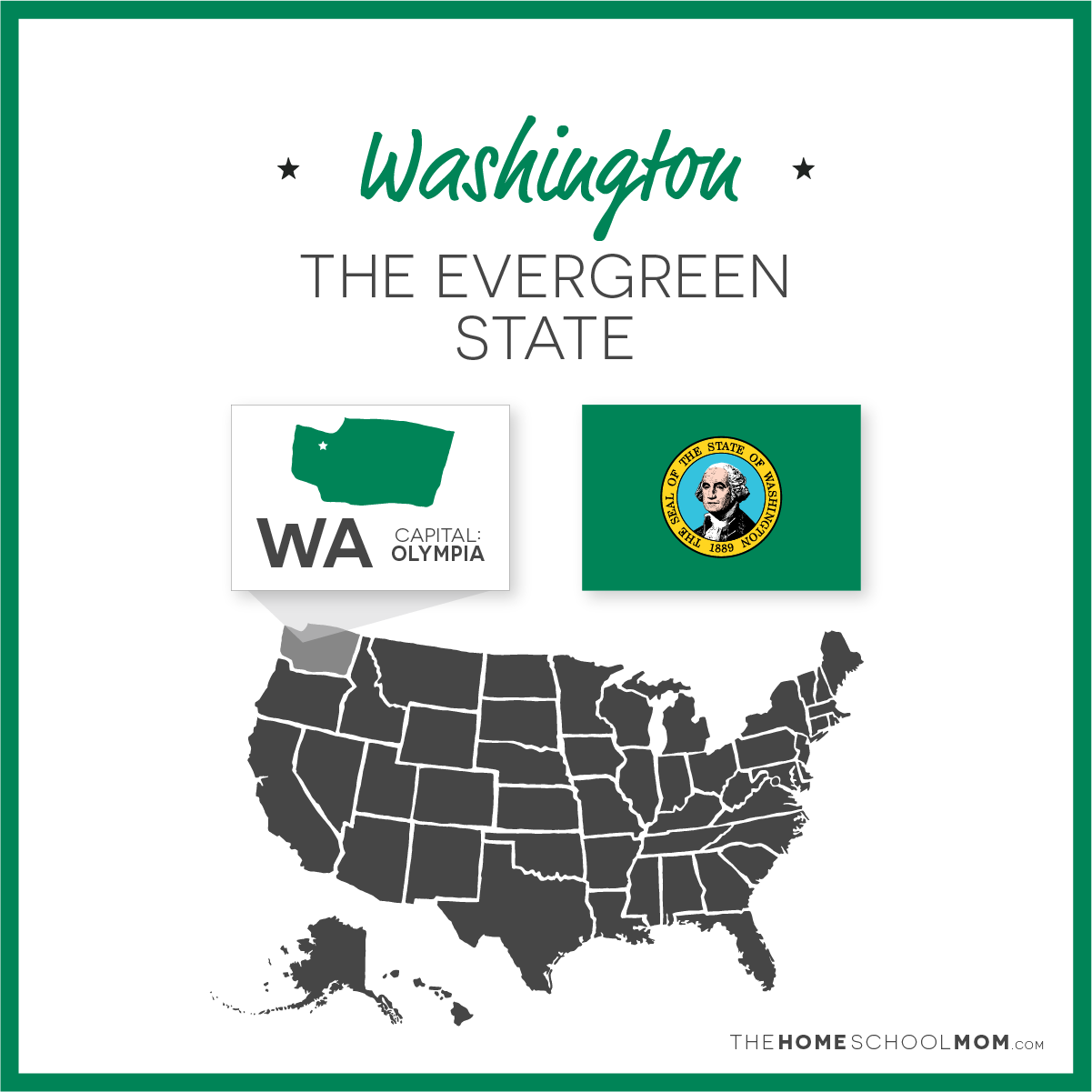 Map of US with Washington highlighted and text Washington – The Evergreen State; capital – Olympia