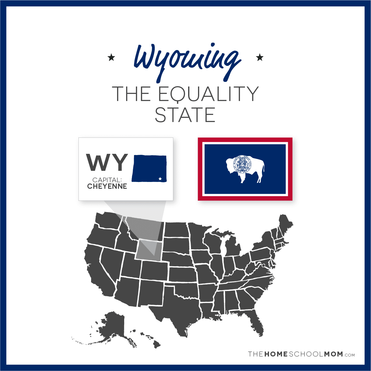 Map of US with Wyoming highlighted and text Wyoming – The Equality State; capital – Cheyenne