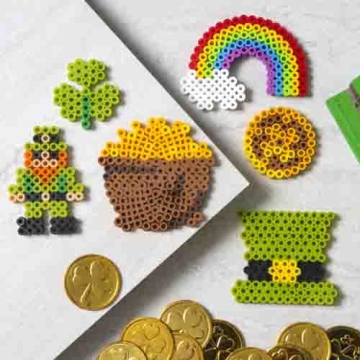 Perler bead crafts in St. Patrick's Day designs.