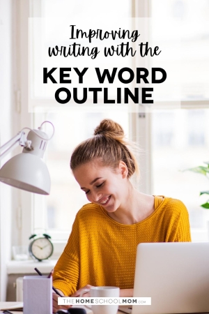 Smiling teen girl writing with text Improving writing with the Key Word Outline.